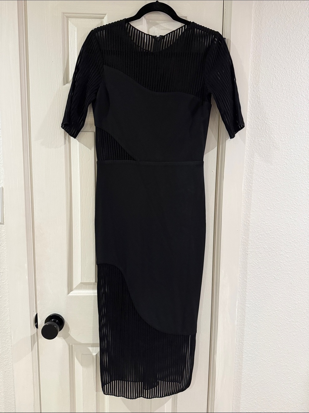 Haney Black Midi Dress with Pleated Sheer Panels Size 6